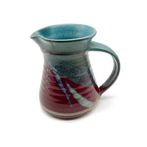 Artist Signed Vintage Mid Century Modern MCM Studio Pottery Creamer Blue Red.